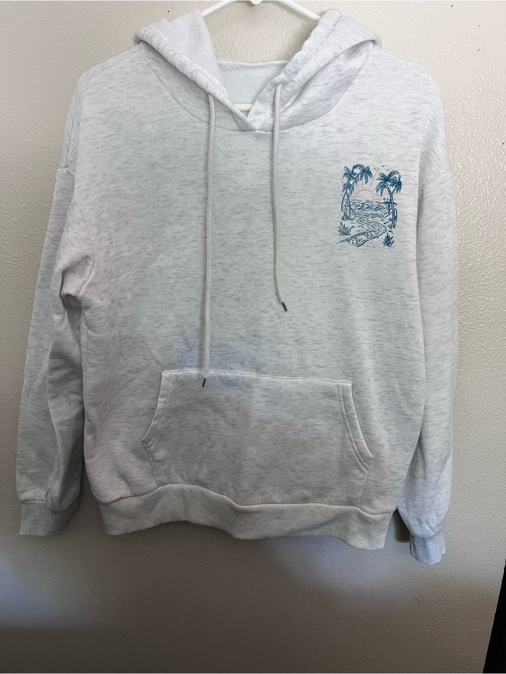 SHEIN Light Gray Hoodie with Blue Tropical Chest Print